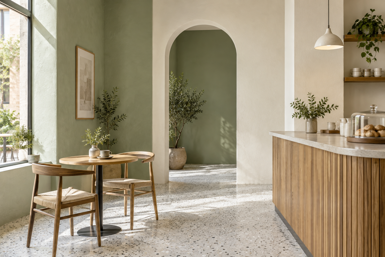 Illustrative cafe with sage and ivory walls and natural timber furniture