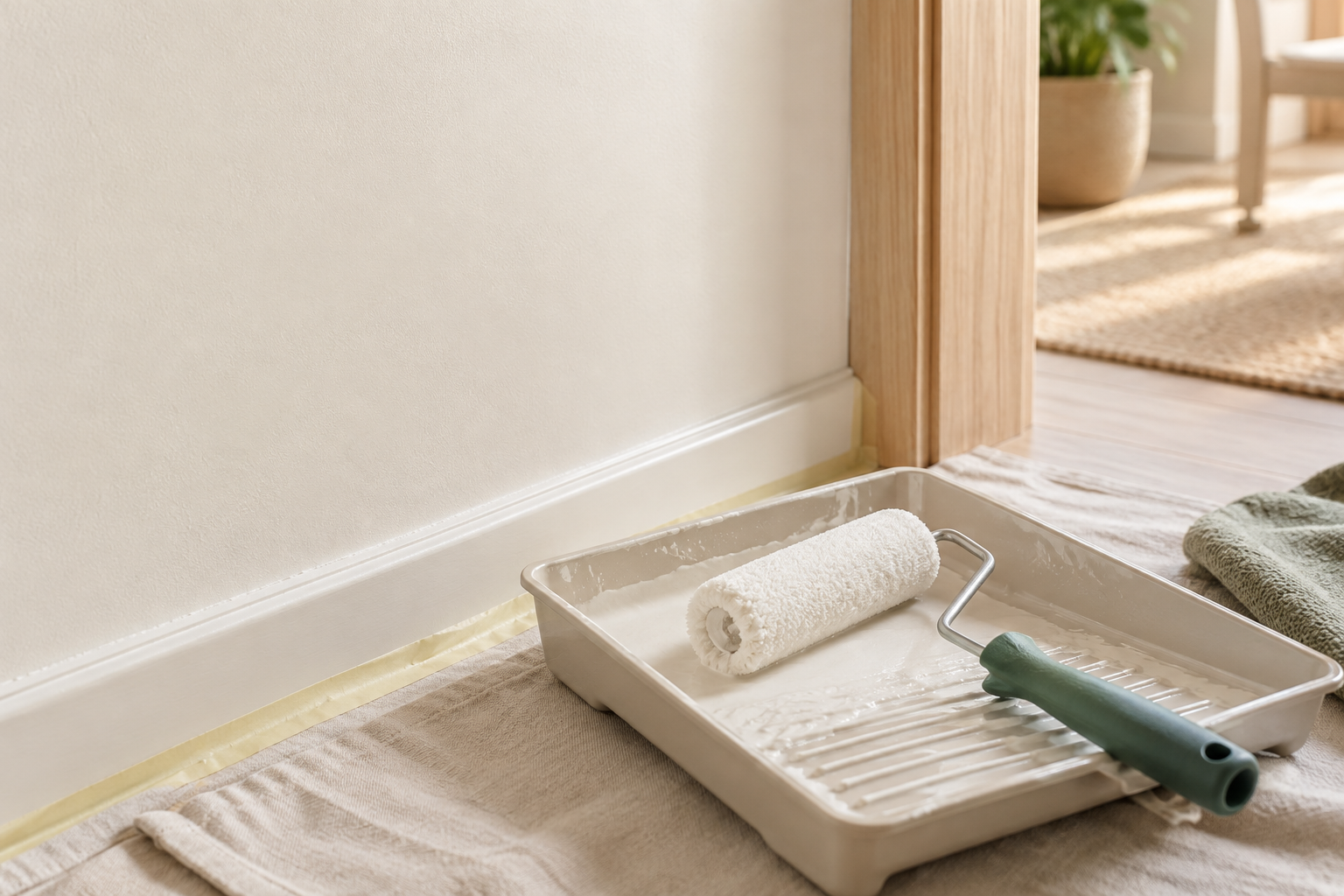Illustrative mini roller and paint tray beside a freshly painted wall and doorway